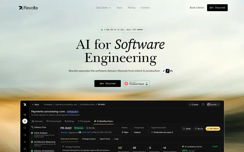 Revolte homepage showing AI executes software delivery