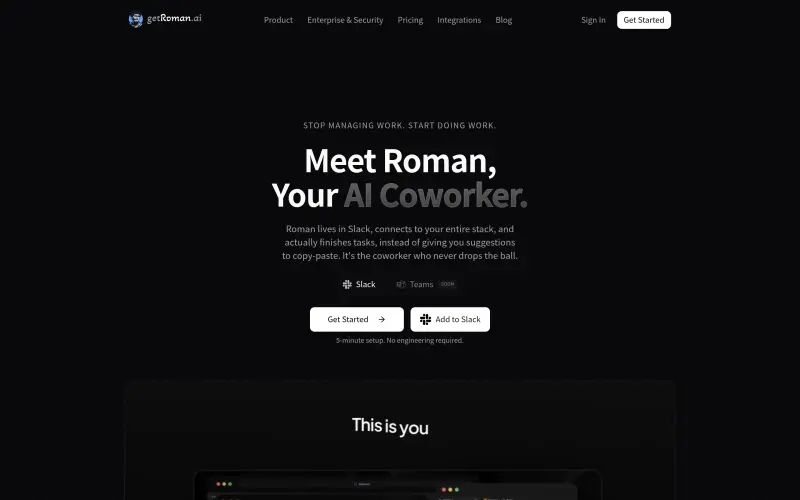 Roman AI homepage showing Automates tasks with finished code
