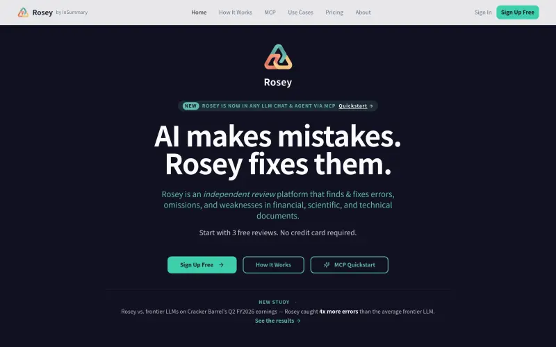 Rosey homepage showing Ensure document quality with AI