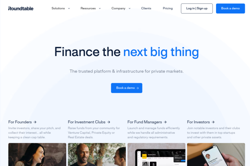 Roundtable homepage showing Effortlessly launch and manage investment vehicles, saving time and resources