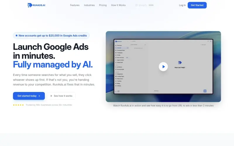 RunAds.ai homepage showing AI-powered Google Ads management