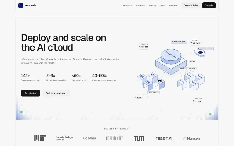 Runcrate homepage showing Scale your AI workloads with on-demand, affordable GPU access