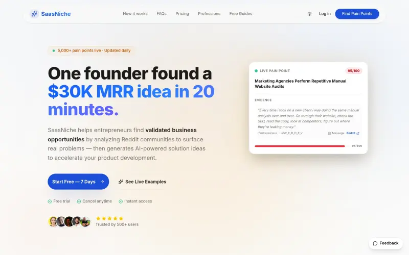 SaasNiche homepage screenshot - Uncover validated SaaS ideas from Reddit conversations