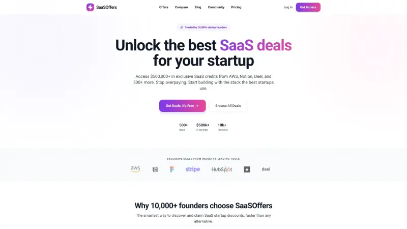 SaaSOffers homepage screenshot - Unlock $500k+ in SaaS credits for 500+ tools
