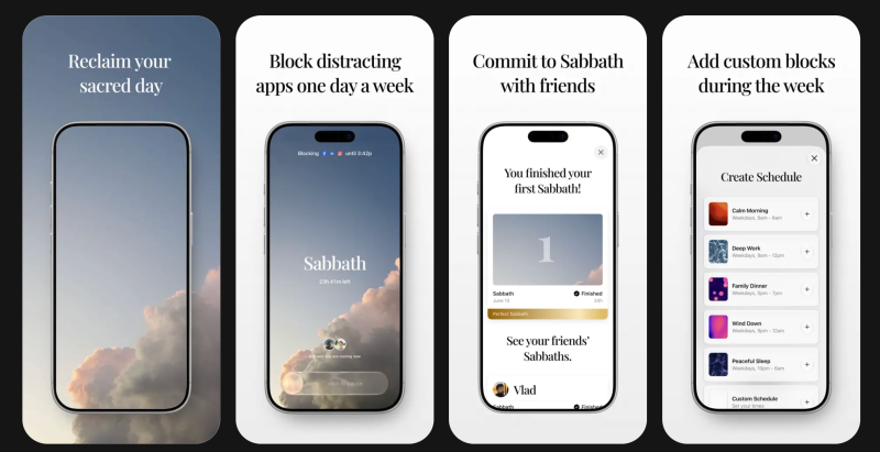 Sabbath: Screen Time App homepage showing Block apps one day a week