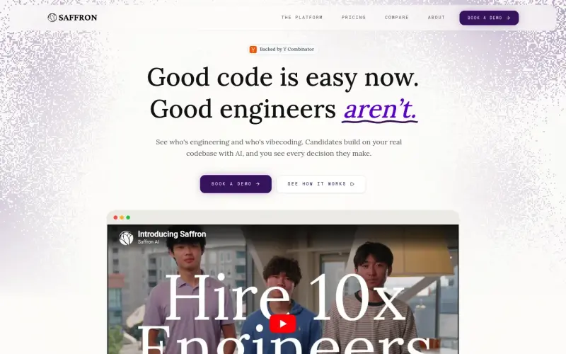 Saffron homepage screenshot - Assess coding skills with AI-powered reviews and session replays