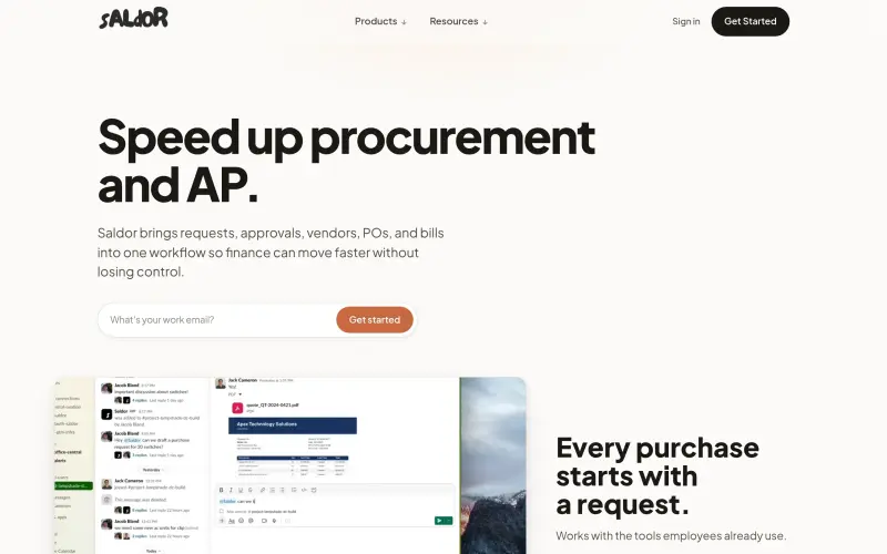 Saldor homepage showing Streamline procurement and AP in one workflow