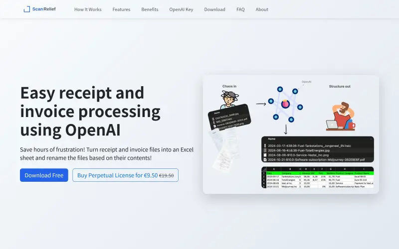 ScanRelief homepage showing receipt organization with OpenAI-powered renaming and Excel reporting automation