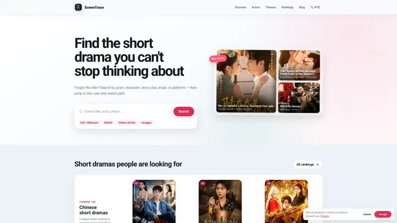 SceneTrace homepage showing Search Chinese short drama titles, cast, and watch paths