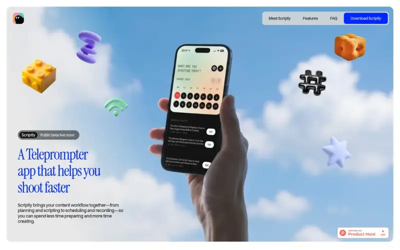 Sciptly homepage showing Voice-following teleprompter for smoother video recording