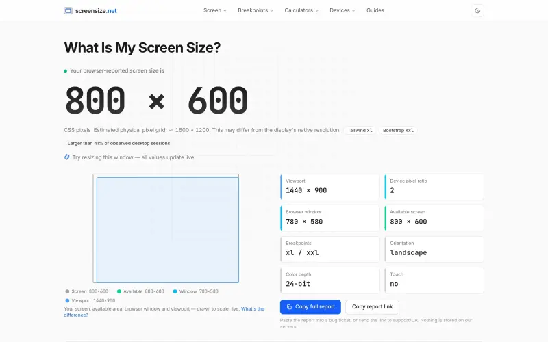 ScreenSize.net homepage showing Instantly check screen resolution and viewport size online