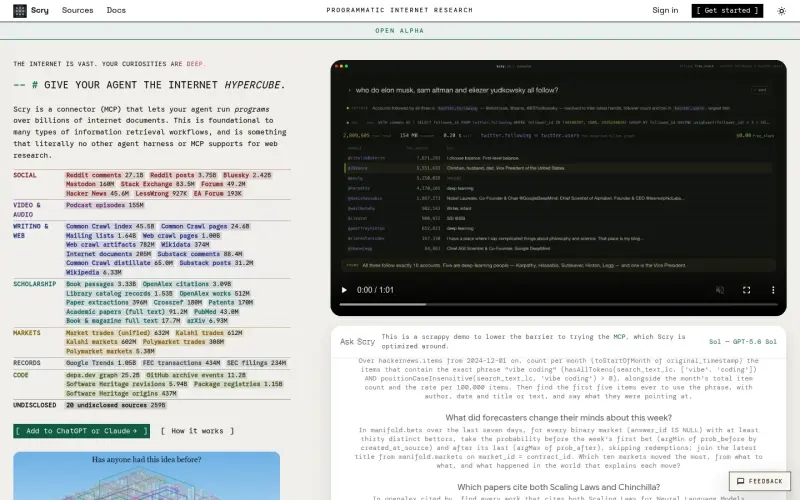 Scry homepage showing Run arbitrary queries over billions of documents with precision and speed
