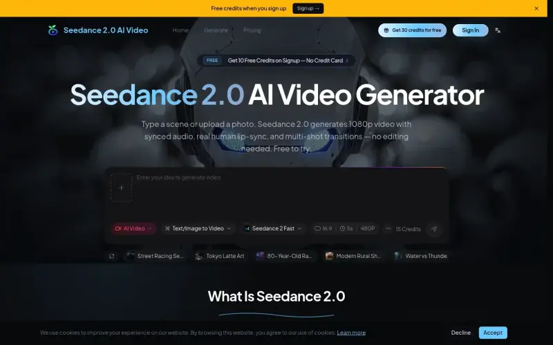 Seedance 2.0 AI Video Generator homepage showing Generate AI videos from text or images