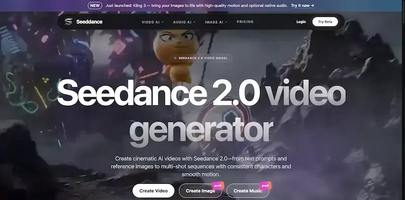 Seedance 2.0 interface screenshot 2 showing transforms text and images into cinematic video with seamless motion