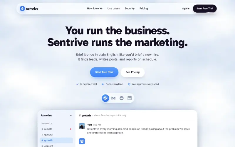 Sentrive homepage showing AI employee for repetitive tasks