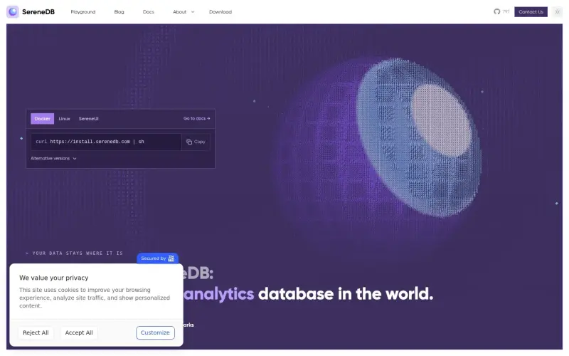SereneDB homepage showing Unified Search and Analytics at Scale