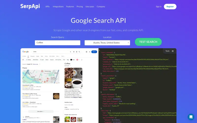 SerpApi homepage screenshot - Unlock Google search data with our fast and easy API