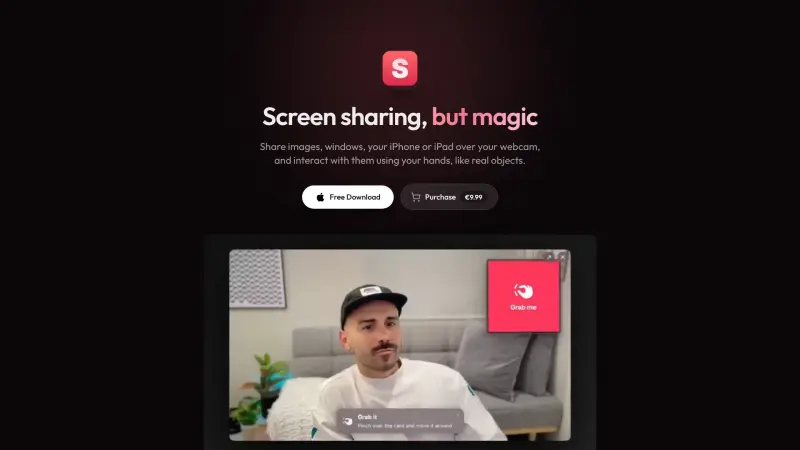 Shacam homepage showing Share and interact with content using hand gestures