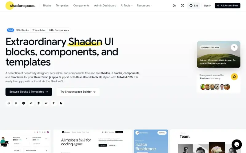 Shadcnspace homepage screenshot - Streamline React development with 323+ customizable UI blocks and components