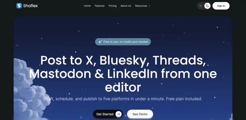 Shaflex homepage showing Streamline your social media management