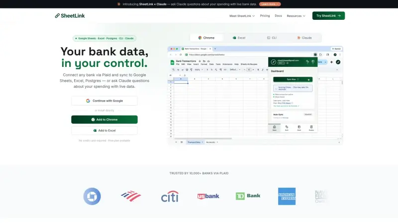 SheetLink homepage showing Sync bank data to Google Sheets
