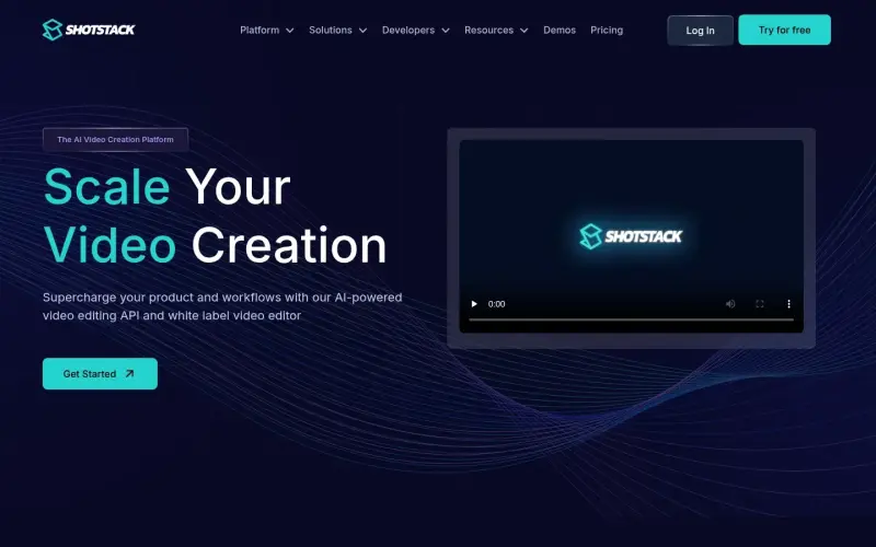 Shotstack homepage showing Edit and generate videos at scale with Shotstack's video editing API