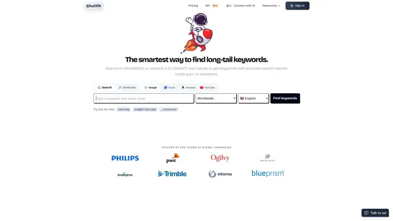 Shuttle homepage showing Free long-tail keyword generator from Google, YouTube, Amazon, local search