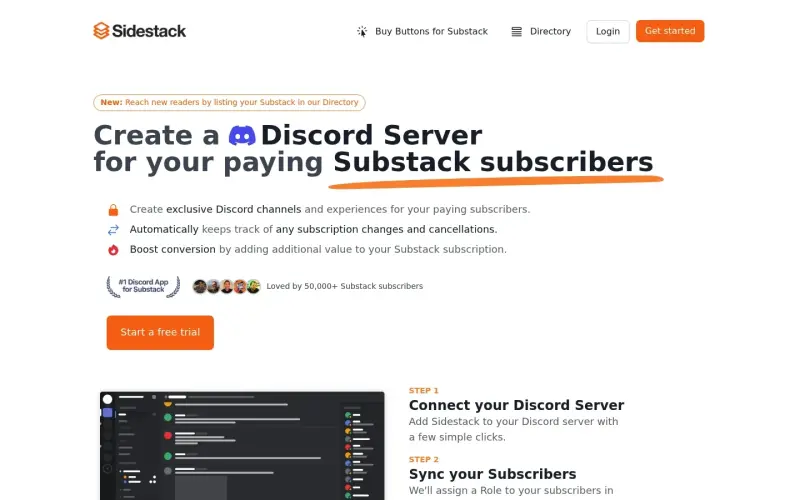 Sidestack homepage screenshot - Streamline Substack subscriber management with automated Discord roles
