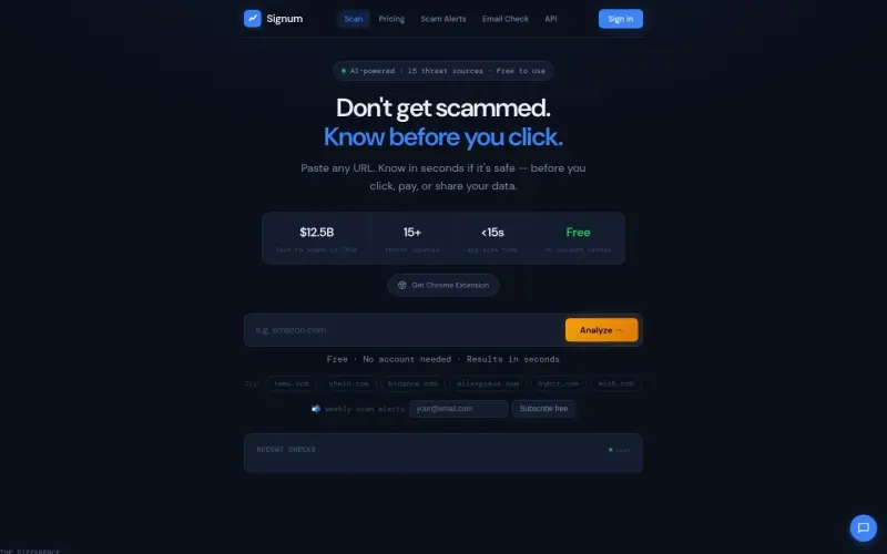 Signum homepage showing Check website safety instantly