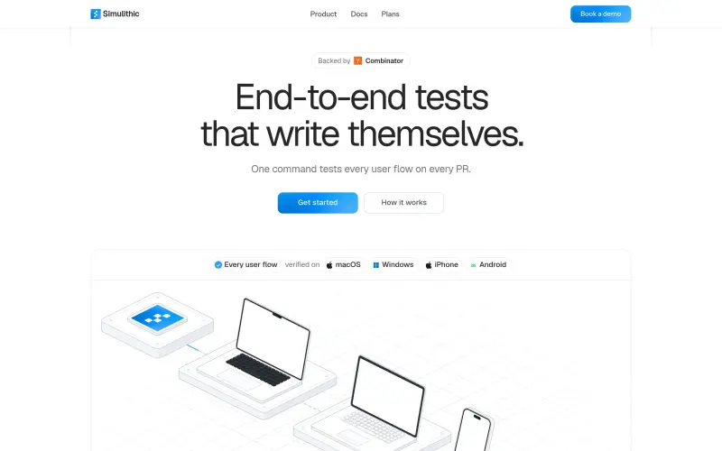 Simulithic homepage showing AI agents that QA your app across every device and browser