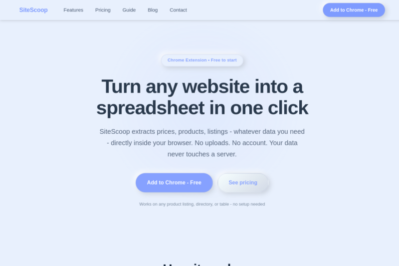 SiteScoop homepage showing Instantly turn website data into actionable spreadsheets, empowering