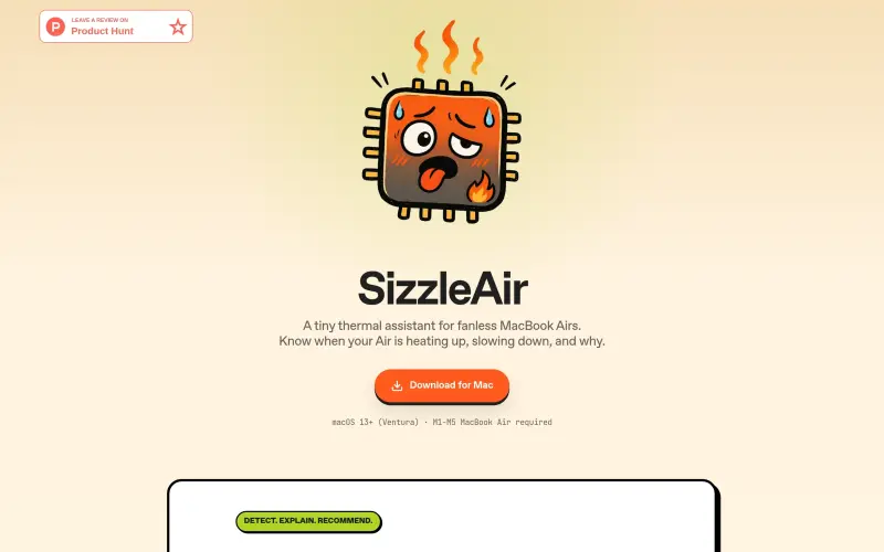 SizzleAir homepage screenshot - Detects thermal issues in fanless MacBook Airs, explains causes, and suggests fixes