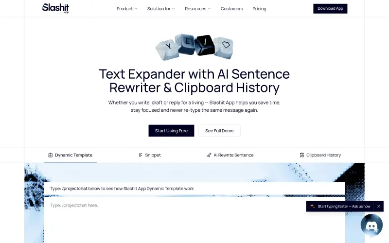 Slashit homepage showing typing, perfect drafts, recall clips. Write faster, naturally automation