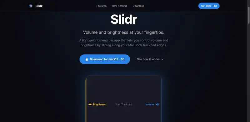Slidr homepage showing Lightweight menu bar app for MacBook that lets you control volume and brightness