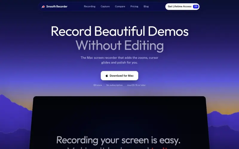 Smoothrecorder homepage showing Native Mac screen recorder with automatic zooms and captions
