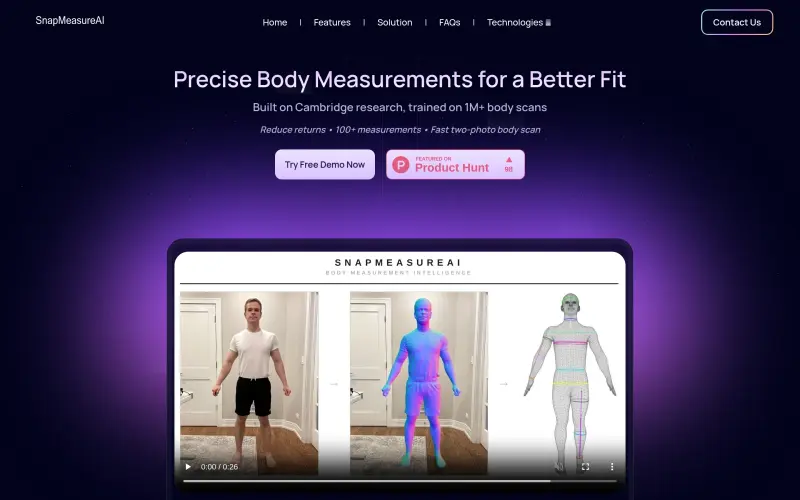 SnapMeasureAI homepage showing Turn photos into 3D body models