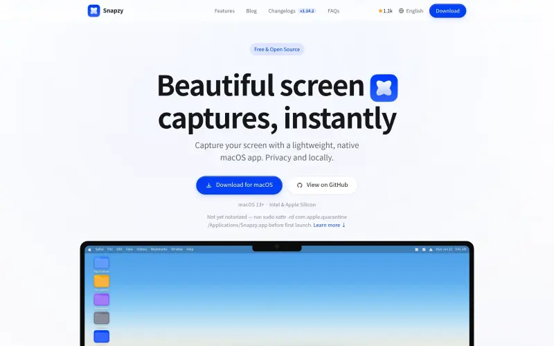 Snapzy homepage screenshot - Capture and edit stunning screenshots and screen recordings with ease