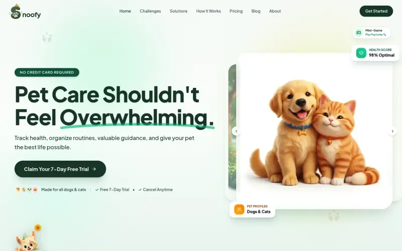 Snoofy homepage showing Pet health tracking, reminders, and records all in one app