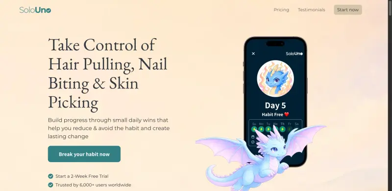 SoloUno homepage showing Take control of hair pulling, nail biting, skin picking