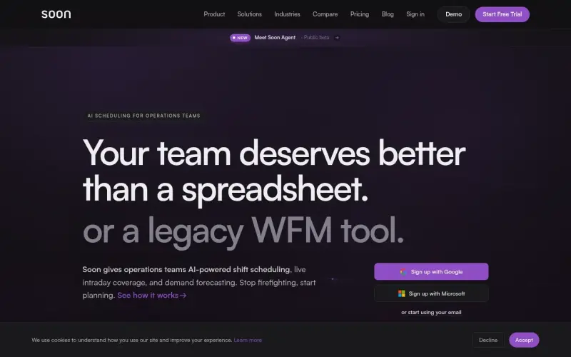 Soon homepage showing AI-powered shift scheduling for operations teams