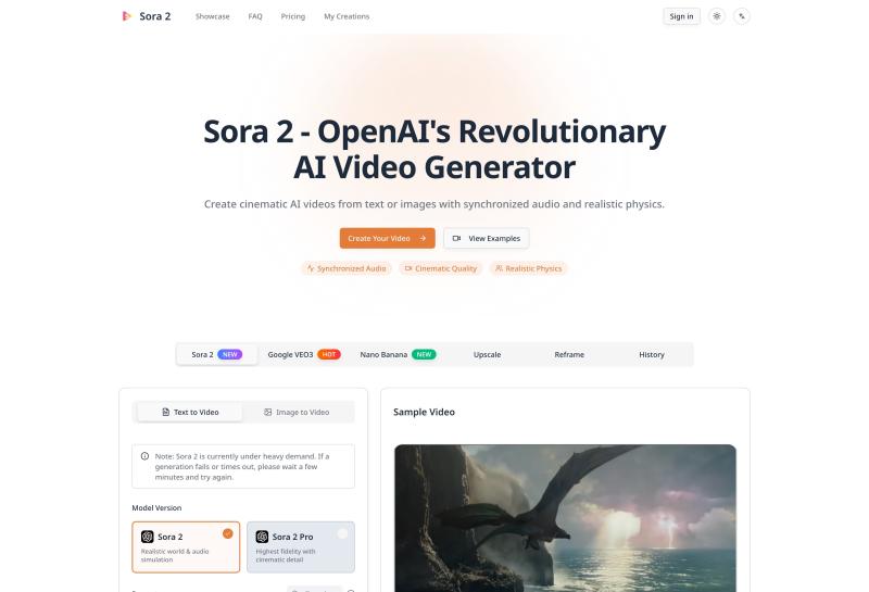 Sora 2 AI Video Generator | Cinematic Text-to-Vide homepage showing Turn text or images into cinematic AI videos with synchronized audio and