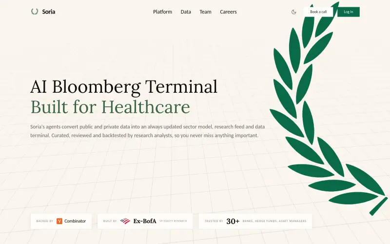 Soria homepage showing AI-native terminal for healthcare investors