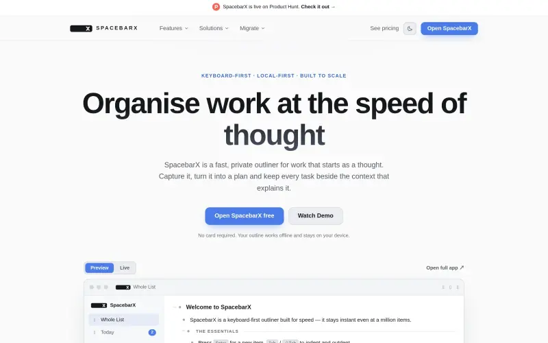 Spacebarx homepage showing A fast, local outliner for notes, tasks and everything in between