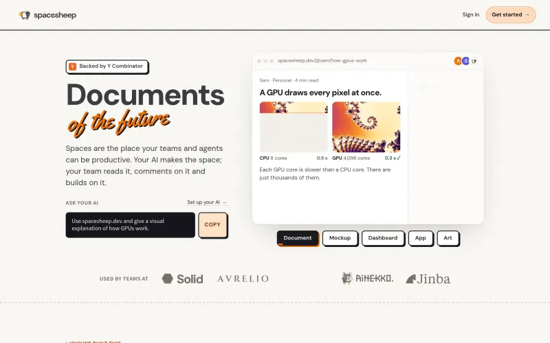 spacesheep homepage showing Spacesheep, a new web surface for teams to create and share designs