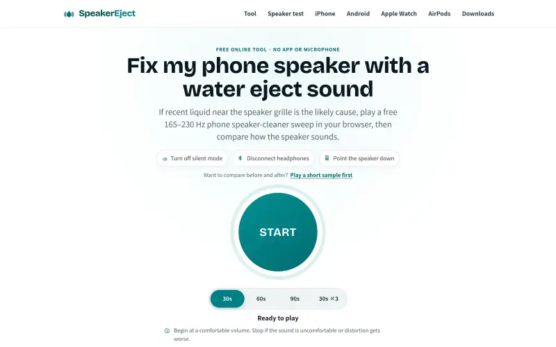 SpeakerEject homepage showing Browser tests for phone speakers and headphones