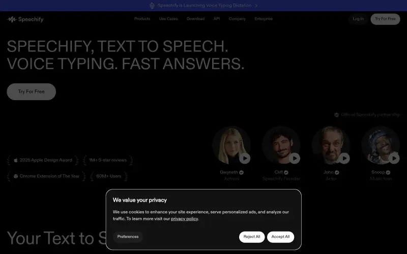 Speechify homepage showing Unlock Text-to-Speech with 60M+ Users