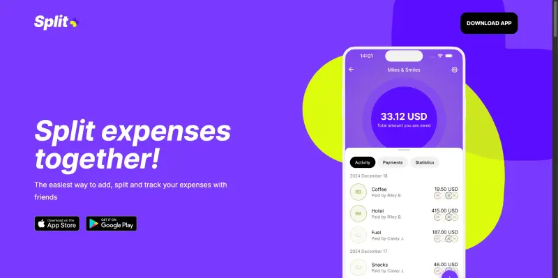 Split+ homepage showing Keep track of shared costs for trips, meals, and gifts. Split+ automatically