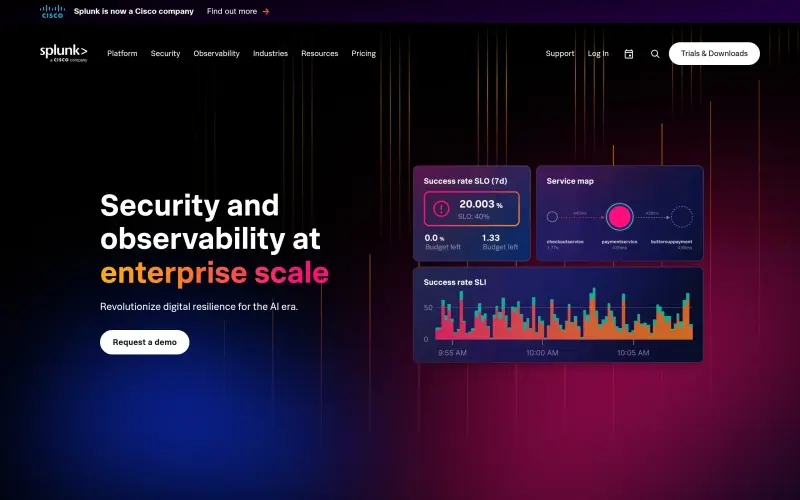Splunk homepage showing Prevent major issues, absorb shocks, and accelerate digital transformation