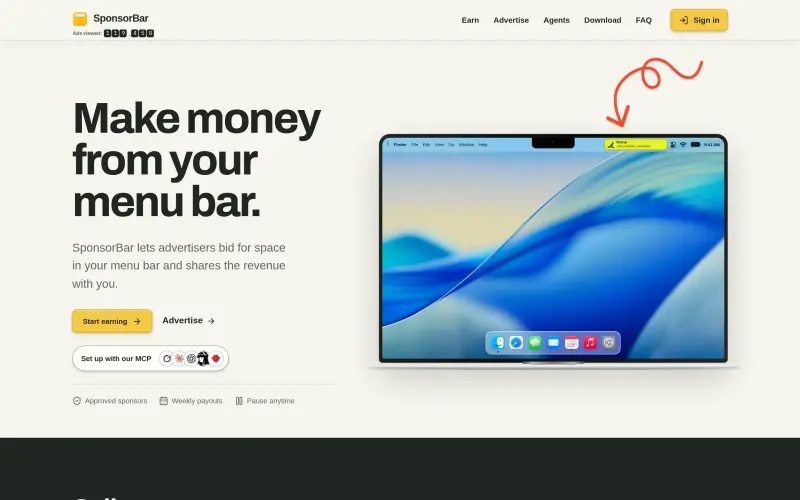 Sponsorbar homepage showing Earn money from your Mac menu bar