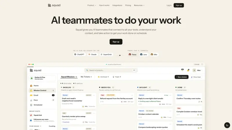 Squad homepage showing AI teammates that do your work on schedule